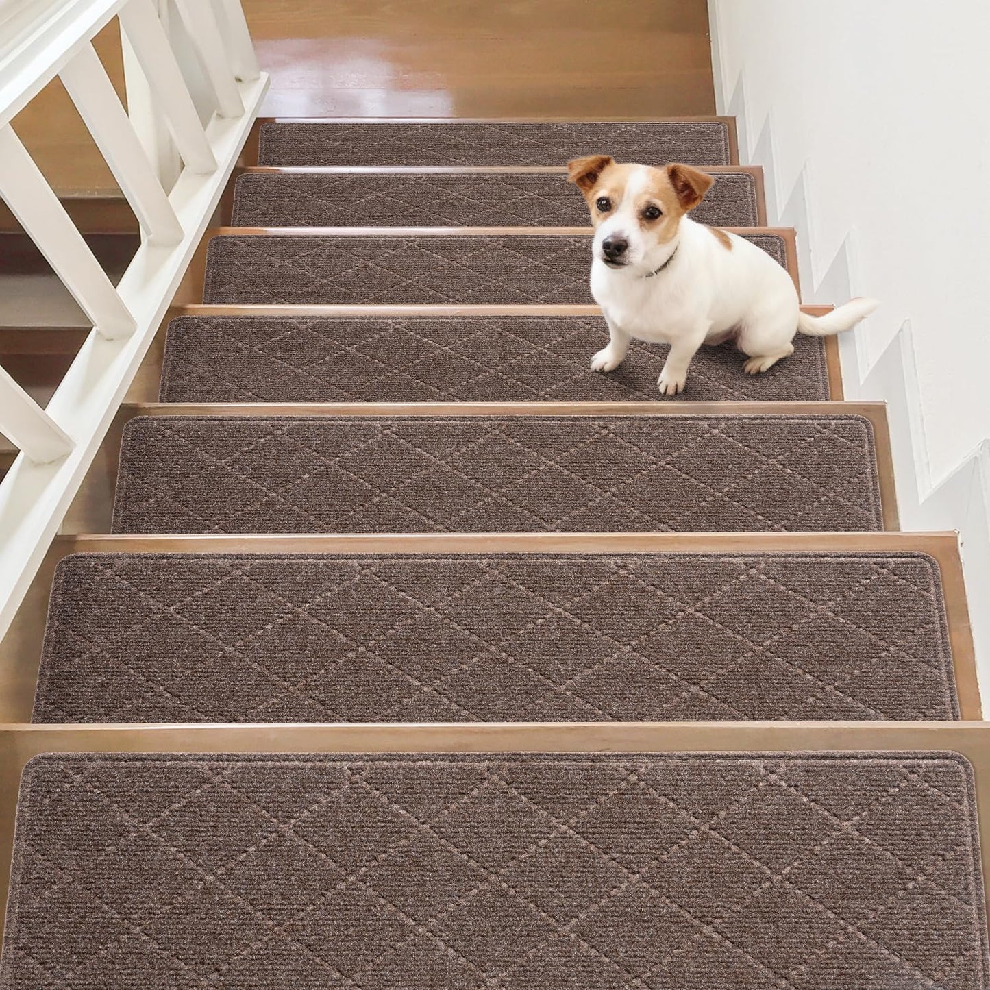 HITSLAM Stair Treads for Wooden Steps, 15 Pack 8 x 30 Inch Peel and Stick Carpet Stair Treads Non-Slip Indoor, Safe for Kids and Dogs, Stair Runners with Self-Adhesive Backing, Easy to Install, Brown