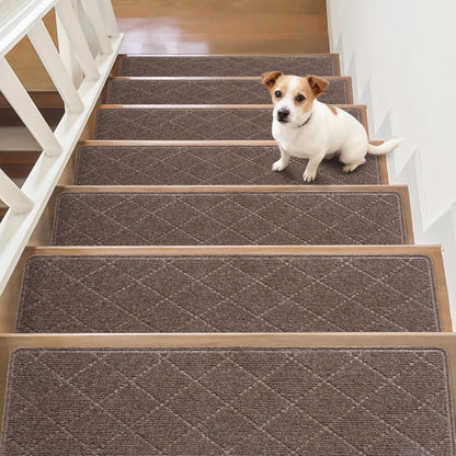 HITSLAM Stair Treads for Wooden Steps, 15 Pack 8 x 30 Inch Peel and Stick Carpet Stair Treads Non-Slip Indoor, Safe for Kids and Dogs, Stair Runners with Self-Adhesive Backing, Easy to Install, Brown