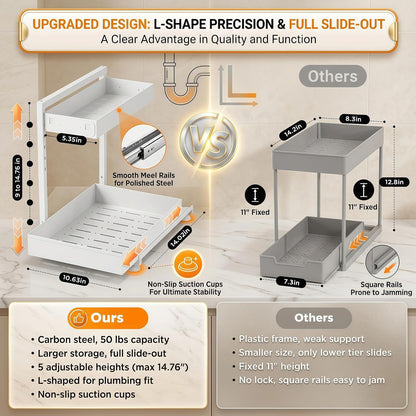 Under Sink Organizer 2 Pack, 2-Tier Metal Slide-Out Cabinet Organizer and Storage for Bathroom Kitchen, Height Adjustable Under Sink Storage Shelf with Pull-Out Drawer (2 Sets)