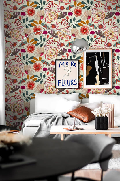 Wallpaper Peel and Stick Floral Wall Paper Removable Waterproof Navy/Pink/Orange Contact Paper for Bedroom, Bathroom,Bathroom, Home Wall 17.3" x 118"