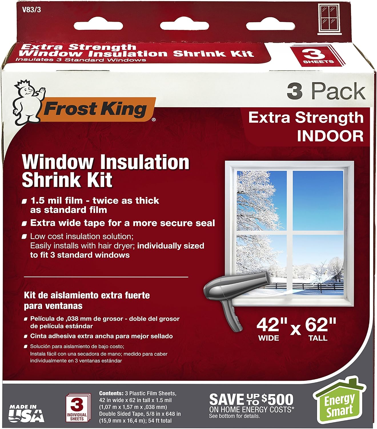 Frost King V83/3 Heavy Duty Shrink Window Kit for Standard Size Windows with 3 Sheets (3 Pack), 42" x 62"