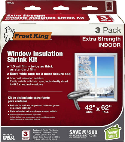 Frost King V83/3 Heavy Duty Shrink Window Kit for Standard Size Windows with 3 Sheets (3 Pack), 42" x 62"