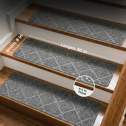 MBIGM 8" X 30" (15 in Pack) Non-Slip Carpet Stair Treads Non-Skid Safety Rug Slip Resistant Indoor Runner for Kids Elders & Pets with Reusable Adhesive - Dark Gray Diamond Weave