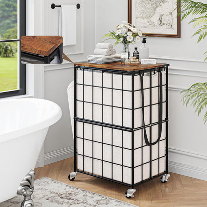 Laundry Basket with Wheels, Heavy Duty Laundry Sorter 2 Sections, 120L (32Gal.) Large Capacity Laundry Hamper with Wood Lid, 360 Rolling Wheels, Extra Side Pocket, Leather Pull Handle, Beige
