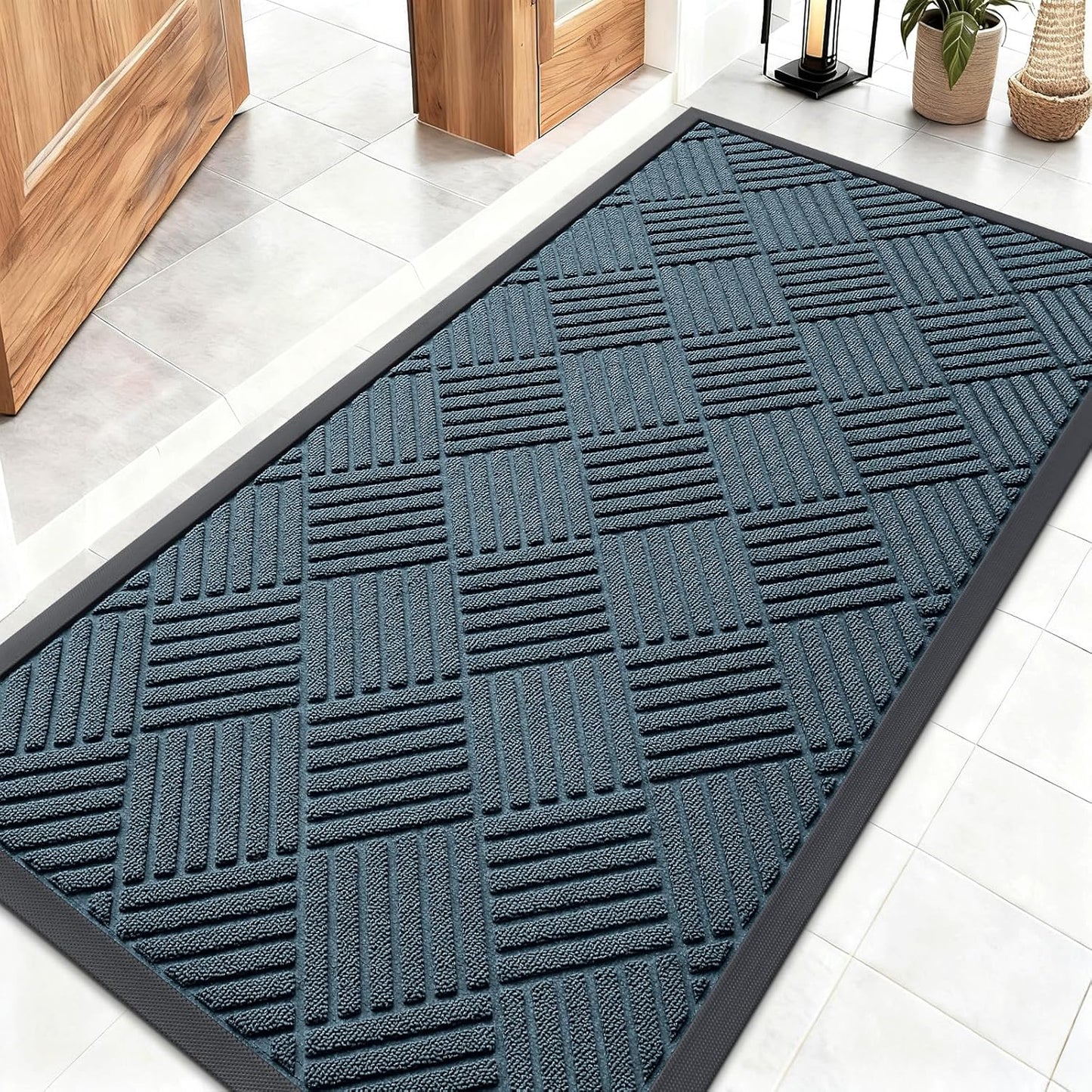 OLANLY Front Door Mat Outside Entrance 29.5x17, Absorbent, Heavy Duty Sturdy Natural Rubber Doormat Indoor Outdoor, Stain and Fade Resistant, Non-Slip Low Profile Floor Mat for Entryway, Grey Diamond