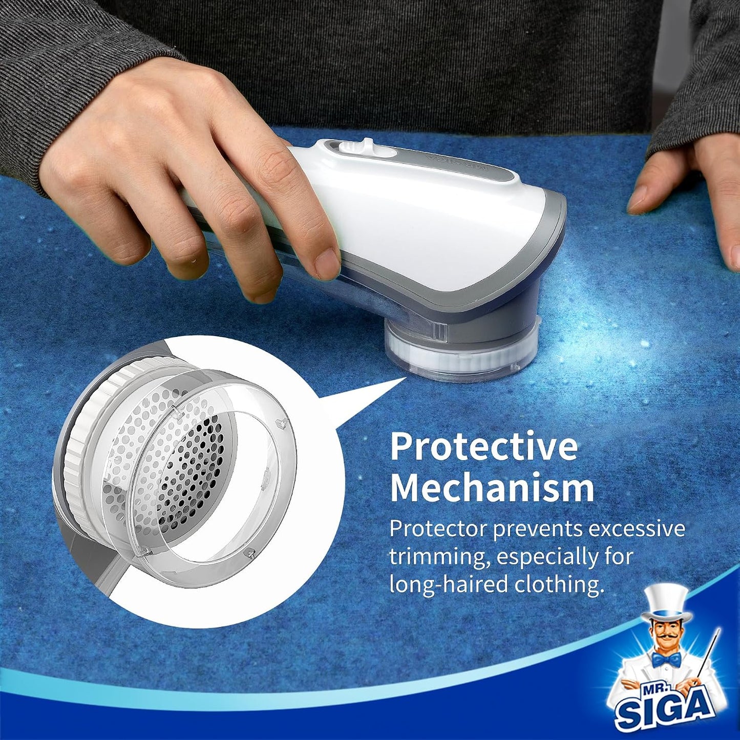 MR.SIGA Fabric Shaver and Lint Remover, Battery Operated Portable Lint Shaver with LED Lights, 2 Replaceable 6-Leaf Blades, Cream/Gray