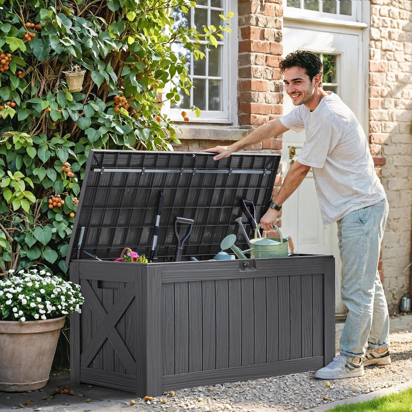 Greesum 120 Gallon Deck Box, Resin Outdoor Storage Container for Patio Furniture, Garden Tools, Pool Accessories, Weatherproof, Lockable, Black