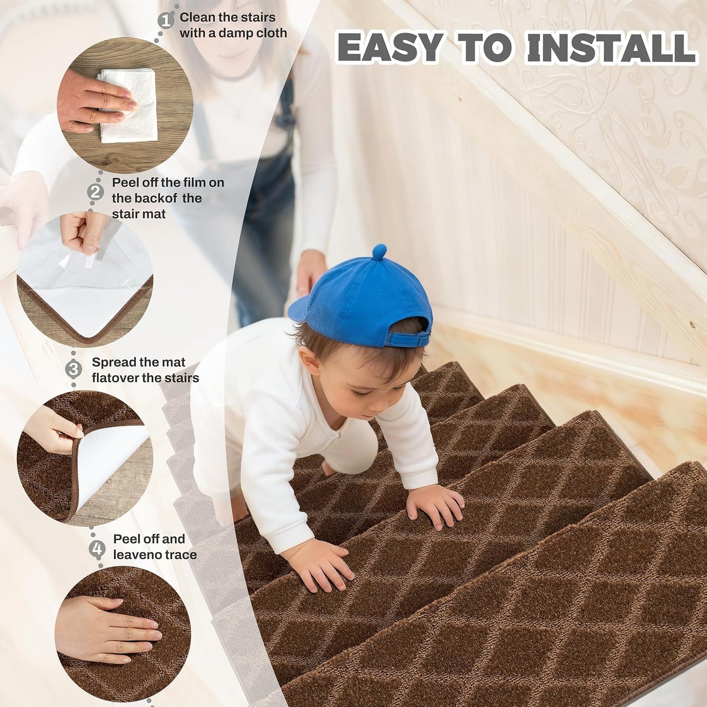 DEXDE Bullnose Stair Treads for Wooden Steps Non-Slip Stair Runner, 14 Pcs | Reusable bullnose carpet Stair Treads Indoor, Peel and Stick Stair Rugs with Edge Protection, Soft Washable, 30"x9.5" Grey