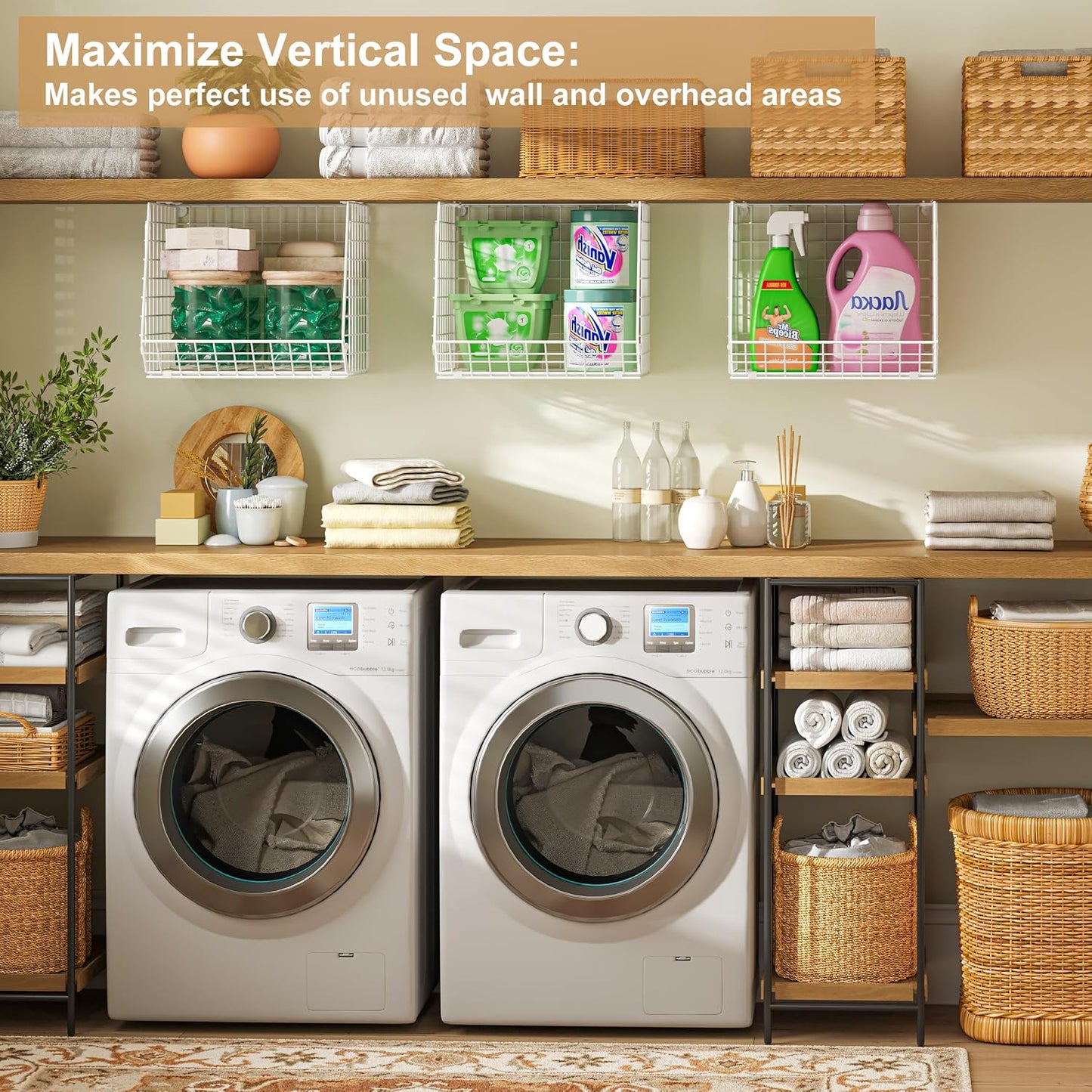 4-Tier Hanging Laundry Room Organizer: Foldable Wire Shelf Basket with 2 Large Hooks 1.65" & 360°Rotating Hooks – Space-Saving Laundry Storage Basket, for Wardrobe Closet Storage, White Patent
