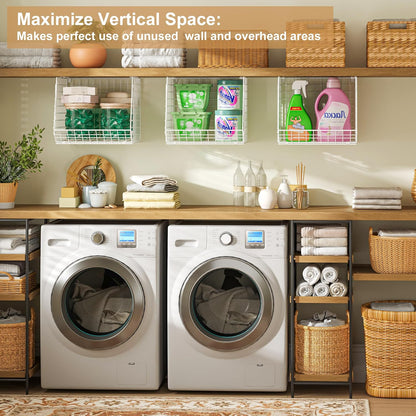 4-Tier Hanging Laundry Room Organizer: Foldable Wire Shelf Basket with 2 Large Hooks 1.65" & 360°Rotating Hooks – Space-Saving Laundry Storage Basket, for Wardrobe Closet Storage, White Patent