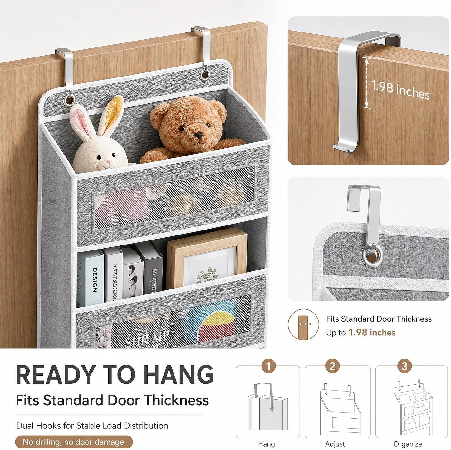 FUSHITON Over The Door Organizer with Anti-Tilt Design, 5 Shelf Hanging Grey Storage Rack Holds 44lb, Large Capacity Pockets for Bedroom Bathroom Pantry Nursery