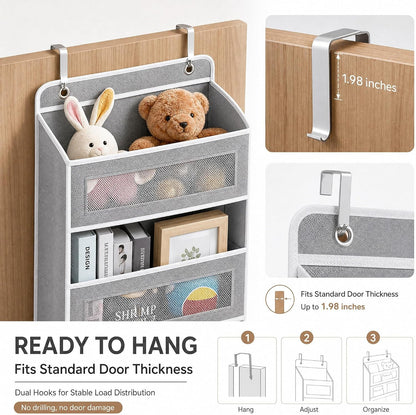 FUSHITON Over The Door Organizer with Anti-Tilt Design, 5 Shelf Hanging Grey Storage Rack Holds 44lb, Large Capacity Pockets for Bedroom Bathroom Pantry Nursery
