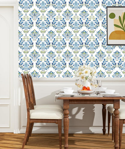 BOKEBEVE Leaves Contact Paper Floral Wallpaper Stick and Peel Boho Damask Wall Paper for Liner Drawer Cabinet Backsplash Renter Friendly Waterproof 17.5 x 118In