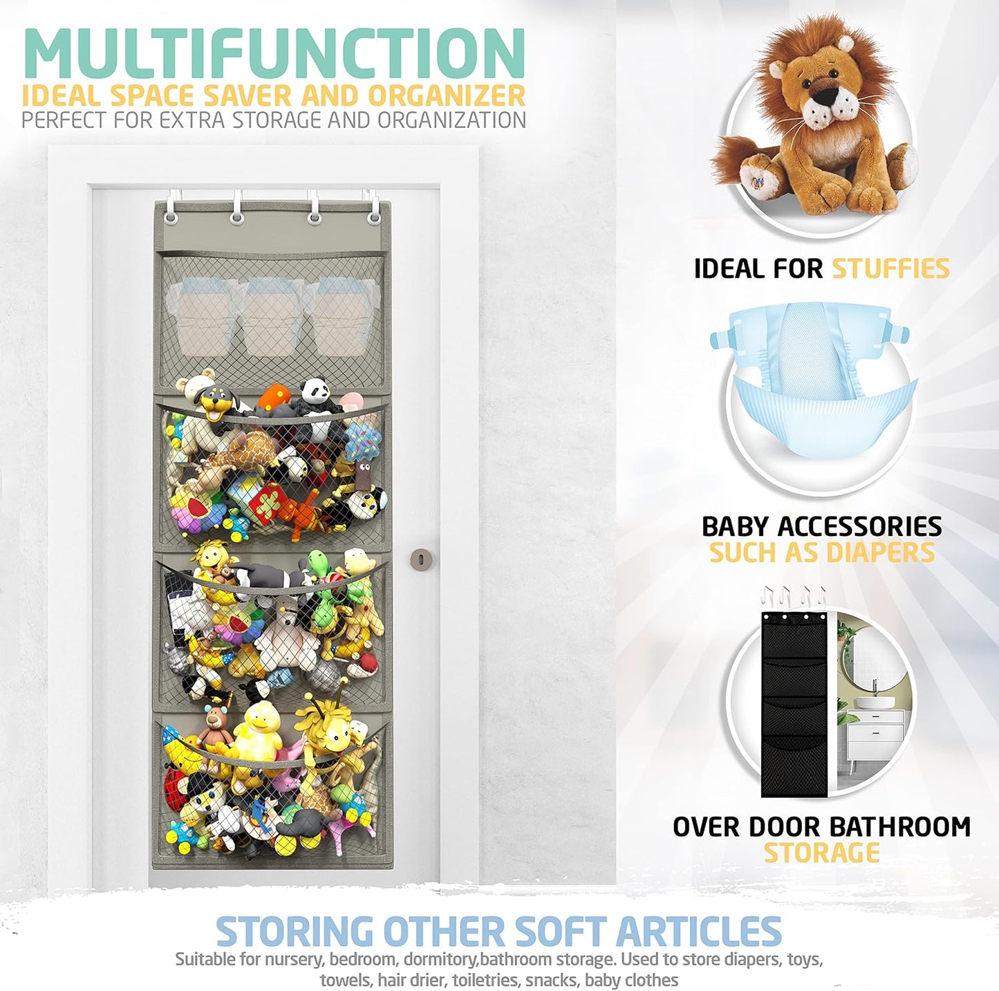 Honeyera The Original Stuffed Animal Storage (Patented) - Over Door Organizer for Stuffies, Baby Ideas Holder, Toy Plush Hammock Hanging Net Big Girls Toddler Large Bag Animals Stuffy Behind