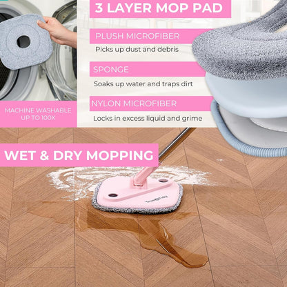 TRUE & TIDY Square Spin Mop & Bucket System – Dual Chamber for Clean & Dirty Water, 360° Rotating Self-Wringing Mop with Built-in Scrub Brush, Stainless Steel Handle & 2 Reusable Microfiber Mop Pads