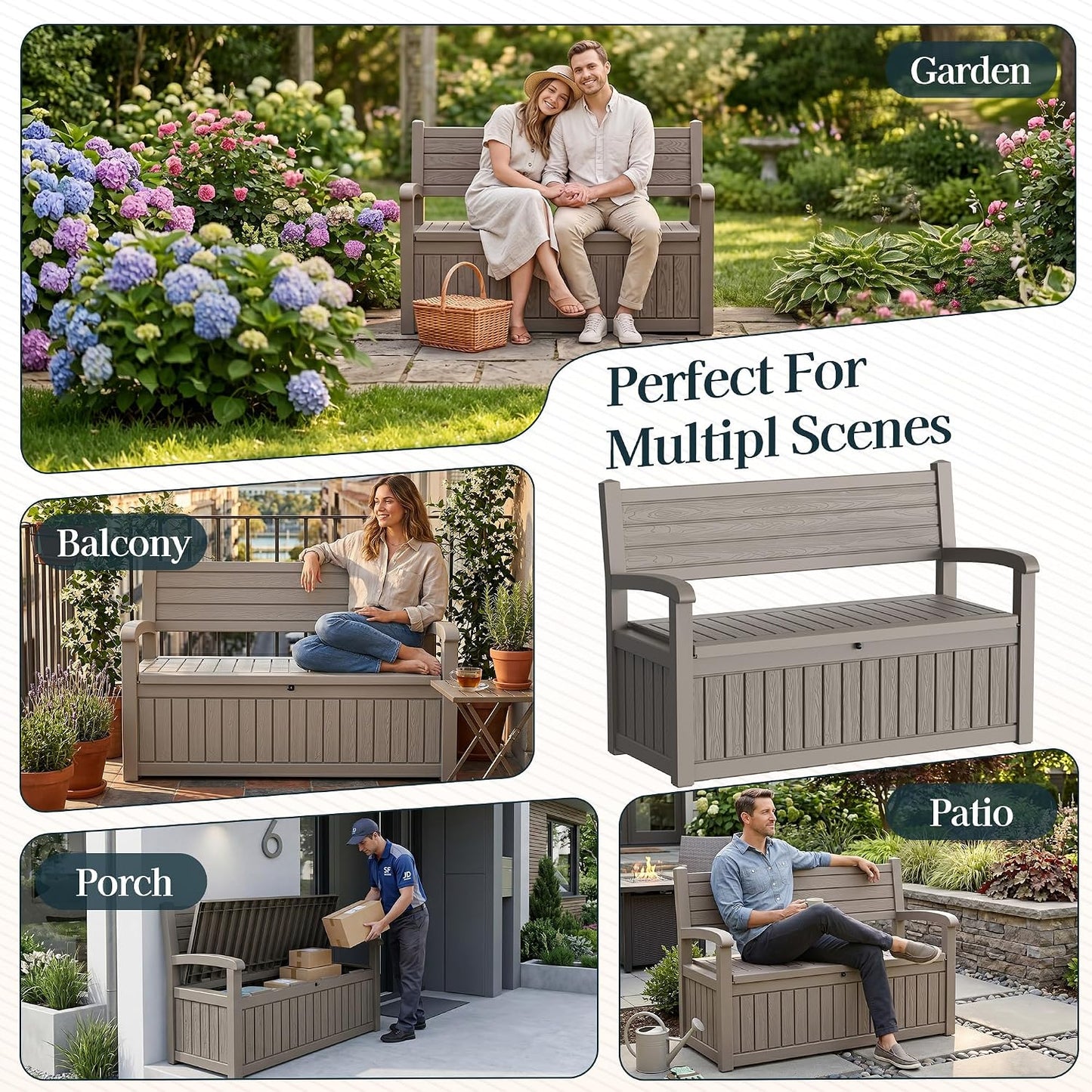 Outdoor Bench, Waterproof Garden Bench with Storage, 100 Gallon Lockable Resin Deck Box, Weatherproof Bench Seating for Patio Yard Cushions Tools, Black