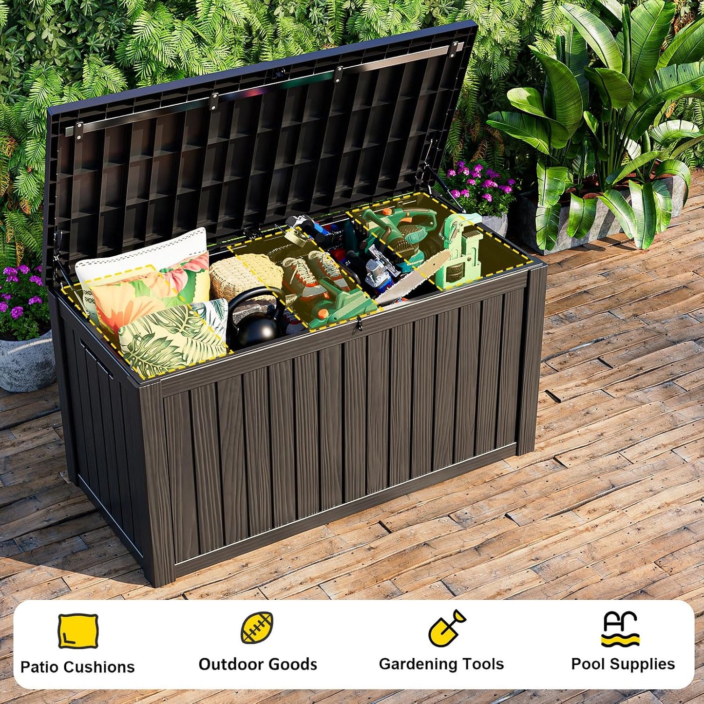 DRATO 35 Gallon Outdoor Storage Box Waterproof, Resin Small Deck Box for Patio Furniture Bench, Pool Garden Tools, Weatherproof Outside Storage Bin for Backyard Porch (Black, 35 Gallon)