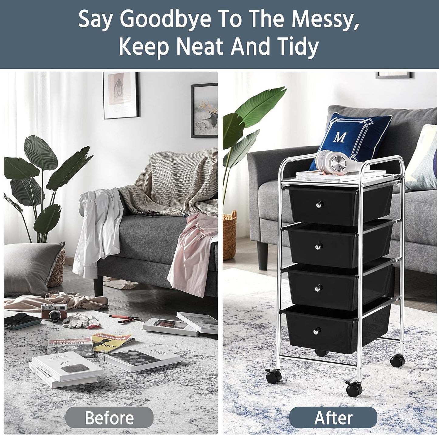 Yaheetech 4-Drawer Rolling Storage Cart with Wheels, Slim Organizer, Black | Four drawers plus a top shelf organize craft to bath gear; slim chrome-steel frame, plastic bins, locking wheels, easy setup.