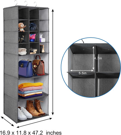 Libeder Shoe Organizer for Closet, 15 Shelf Hanging Closet Storage Shelves - 10 Shoe Rack Organizer and 5 Compartment for Clothes with 6 Side Mesh Pockets for Scarves Socks,Gloves, Grey