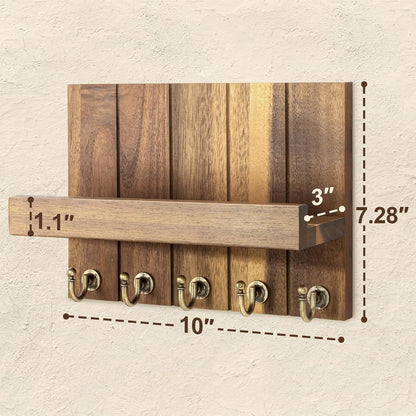 Rebee Vision Decorative Key Holder Wall Mount - Rustic Key Holder for Wall with Shelf and Mail Organizer for Living Room Decor - Home Essentials for Home Improvement (Brown, 3.54" x 10" x 7.28")