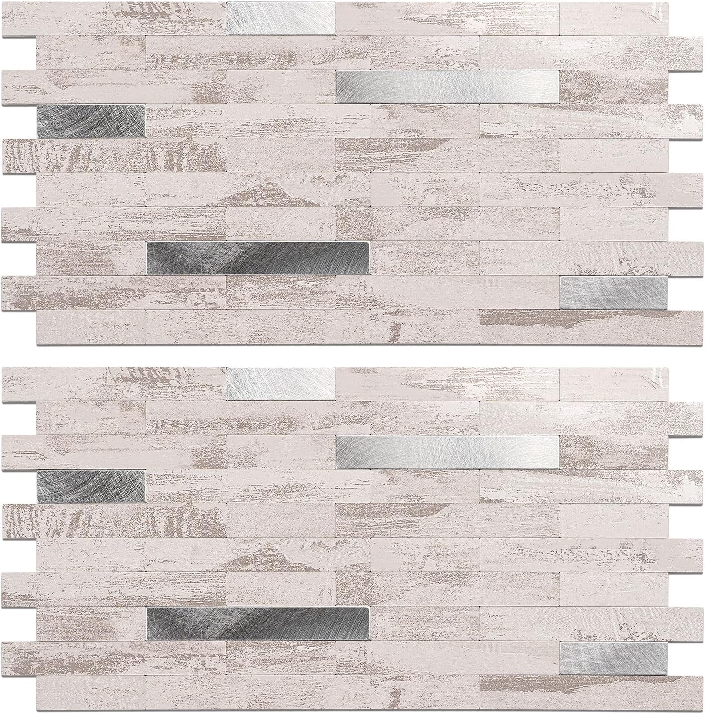 Peel and Stick Backsplash Tile Waterproof Removable PVC Wall Sticker 3D Faux Stone Marble Brick White Accent Panels (White Marble - Metal Silver, 20 Tiles - 9 sq. ft. (0.84 M²))
