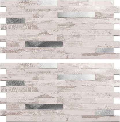 Peel and Stick Backsplash Tile Waterproof Removable PVC Wall Sticker 3D Faux Stone Marble Brick White Accent Panels (White Marble - Metal Silver, 20 Tiles - 9 sq. ft. (0.84 M²))