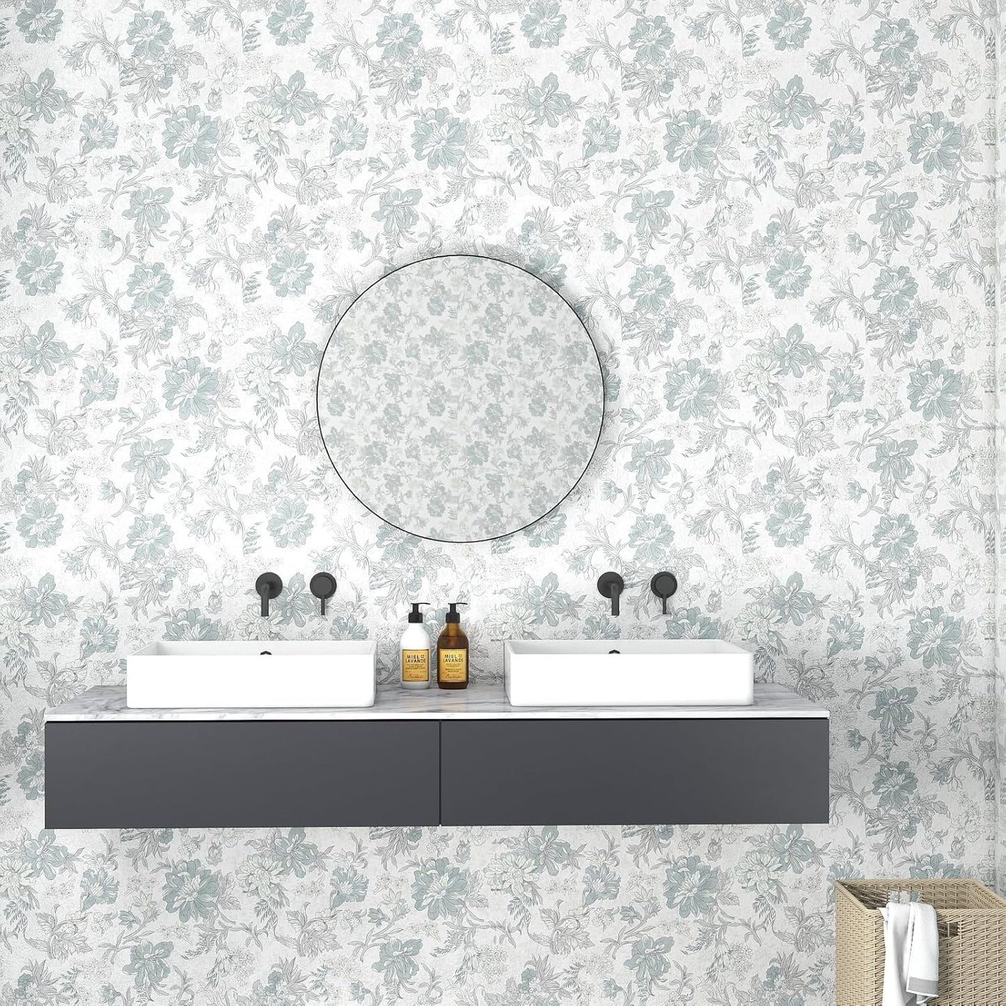 GloryTik Floral Peel and Stick Wallpaper, Removable Blue Floral Contact Paper, Self Adhesive Renter Friendly Wallpaper for Bedroom Living Room Bathroom (17.3" x 78.7")