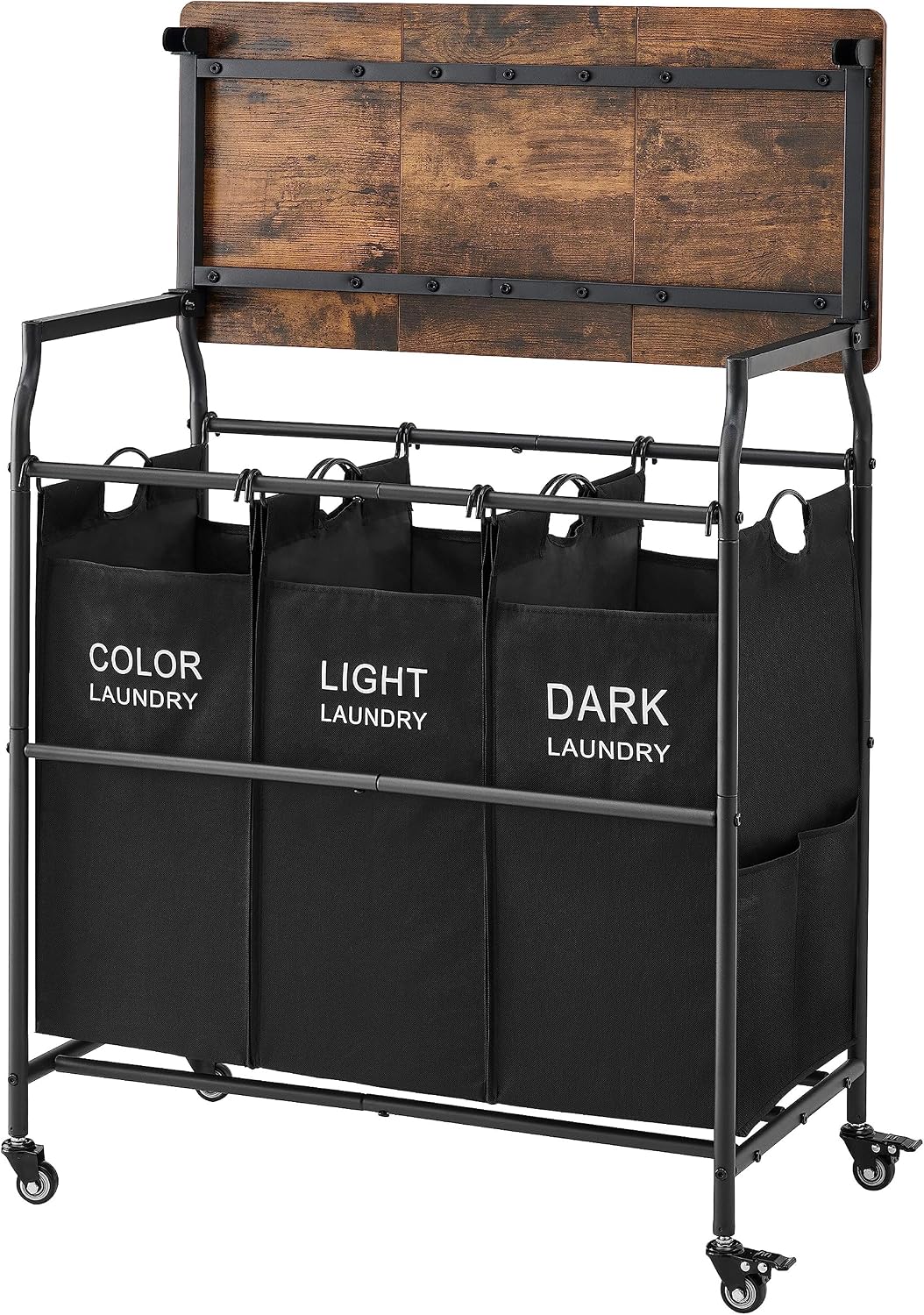 Hoctieon 3 Section Laundry Sorter Cart with Ironing Board, Laundry Hamper with Shelf and Rolling Wheels, Heavy Duty Laundry Basket Organizer, Large Clothes Separator Hamper with Removable Bags, Black