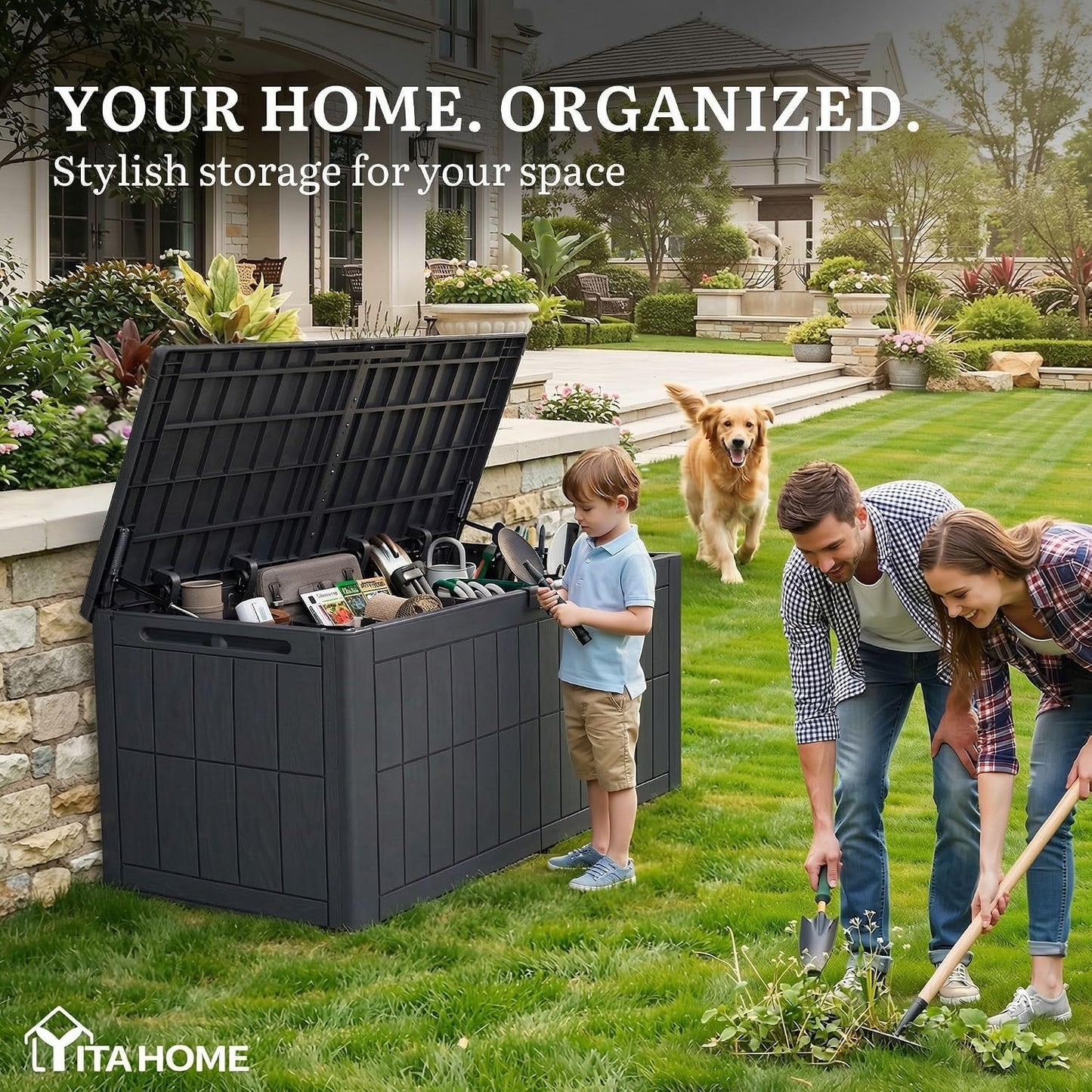YITAHOME 134 Gallon Large Deck Box | Waterproof Resin Outdoor Storage Box with Lock, Doubles as 2-Person Bench Seating for Patio Furniture Cushions,Garden Tools &