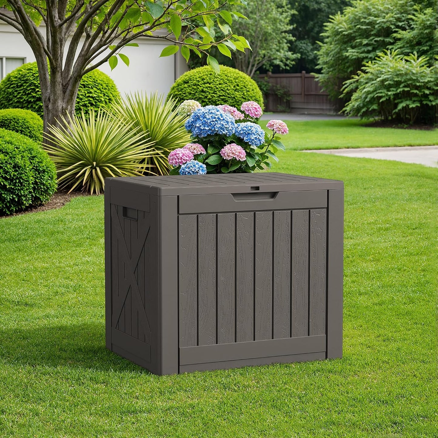 Flamaker Resin Deck Box 120 Gallon Waterproof Large Outdoor Indoor Storage Box Imitation Wood Resin for Patio Furniture Garden Tools and Pool (Black)