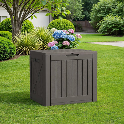 Flamaker Resin Deck Box 120 Gallon Waterproof Large Outdoor Indoor Storage Box Imitation Wood Resin for Patio Furniture Garden Tools and Pool (Black)