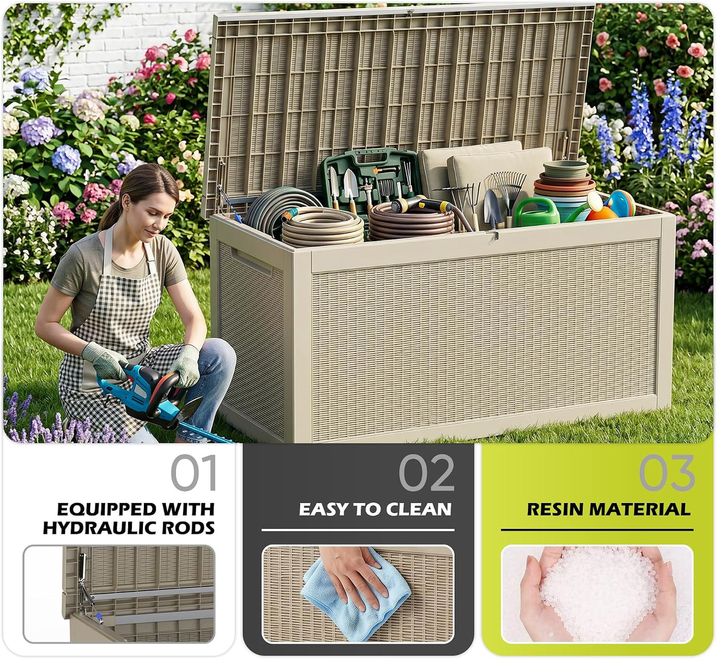 ROJIK 340 Gallon Deck Box Outdoor Waterproof,Weatherproof Outdoor Storage Boxes Lockable with Lid,Outside Resin Storage Bench for Patio Cushions,Garden Tools and Pool Accessories(Black)