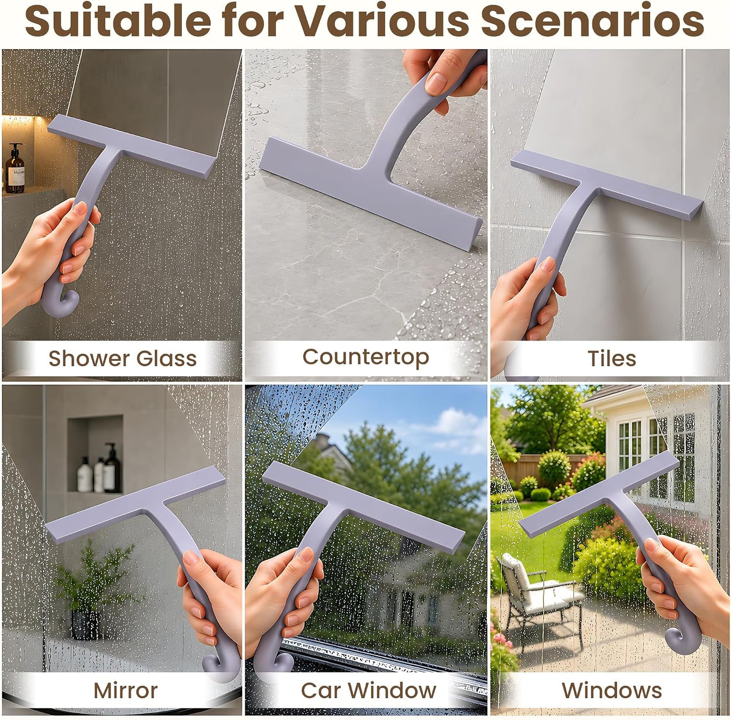 Shower Squeegee for Glass Doors - 10 Inch Bathroom Squeegee with Ergonomic Round Grip, Built-in Hook, Streak-Free No-Squeak Silicone Blade for Shower Glass, Tile Walls, Mirrors & Windows, Black