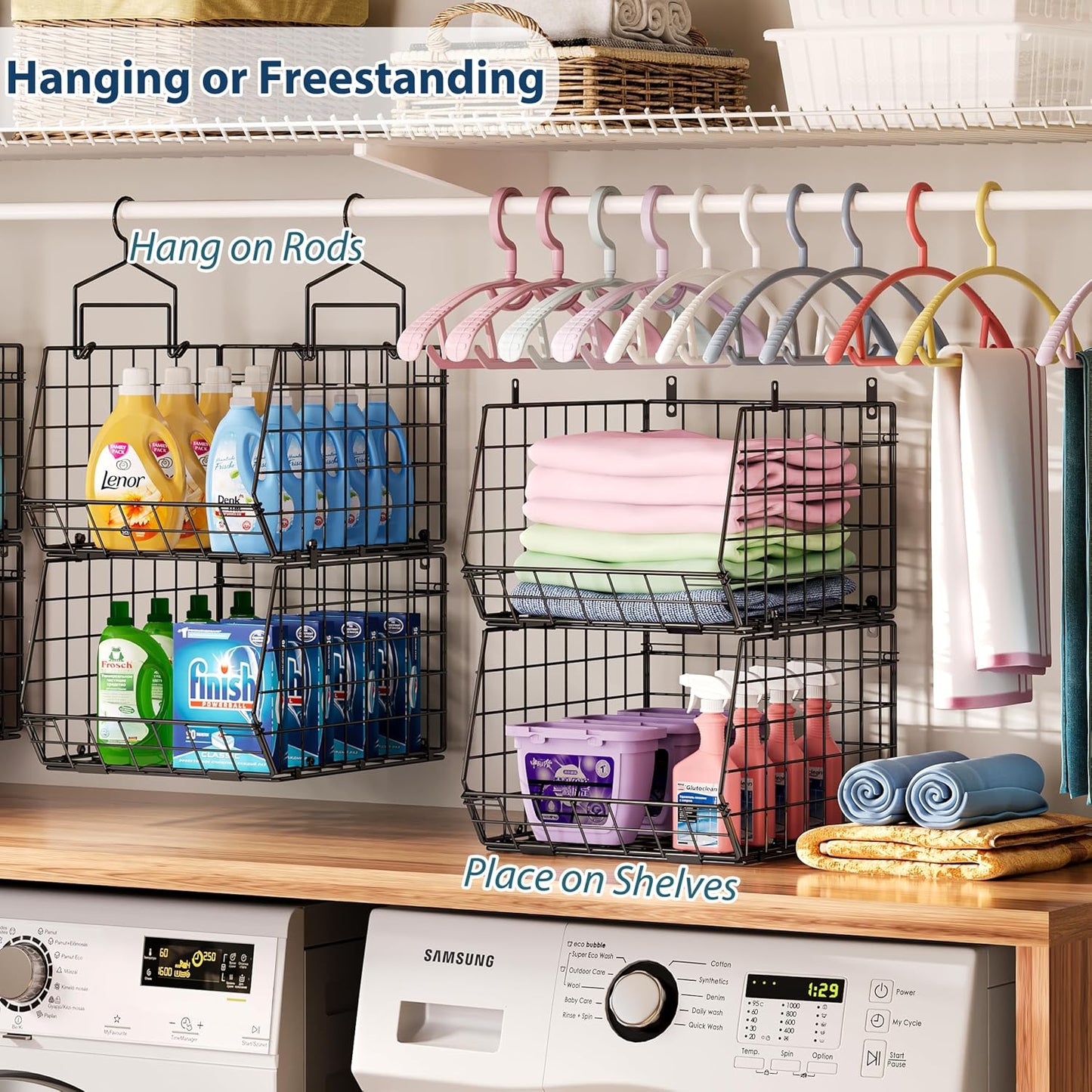 8-Tier Extended Depth Hanging Closet Organizers and Storage for Closet System, Stackable Closet Shelves with 4 Adjustable Dividers for Clothes Sweaters Purses, Wire Hanging Basket Fits Closet Laundry