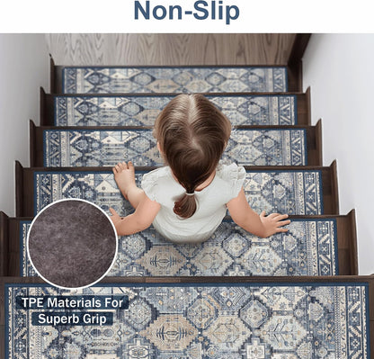 sarben Non Slip Stair Treads for Wooden Steps 15PCS - 8"x30" Indoor Safety Carpet, Edging Mats with TPE Adhesive Backing, Pet and Elderly Friendly Stair Rugs (Taupe) - Colors B