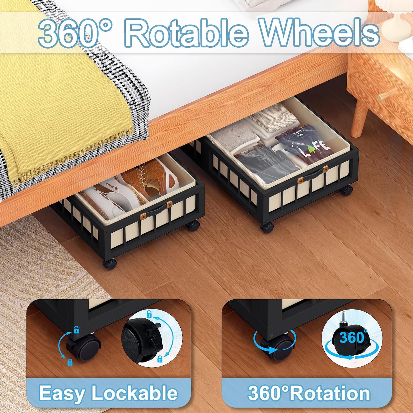 efluky 2-Pack Bamboo Under Bed Storage with Wheels, Rolling UnderBed Storage Basket with Large Dust Bag, Under Bed Storage Containers for Bedroom, Dorm and Basement, Nature