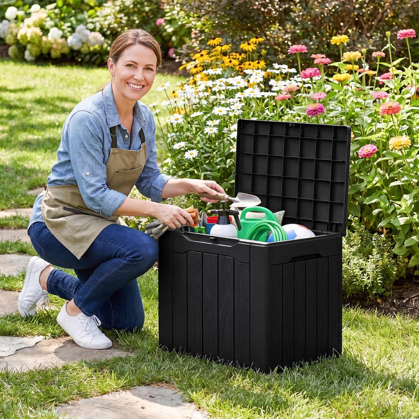 Flamaker Resin Deck Box 120 Gallon Waterproof Large Outdoor Indoor Storage Box Imitation Wood Resin for Patio Furniture Garden Tools and Pool (Black)