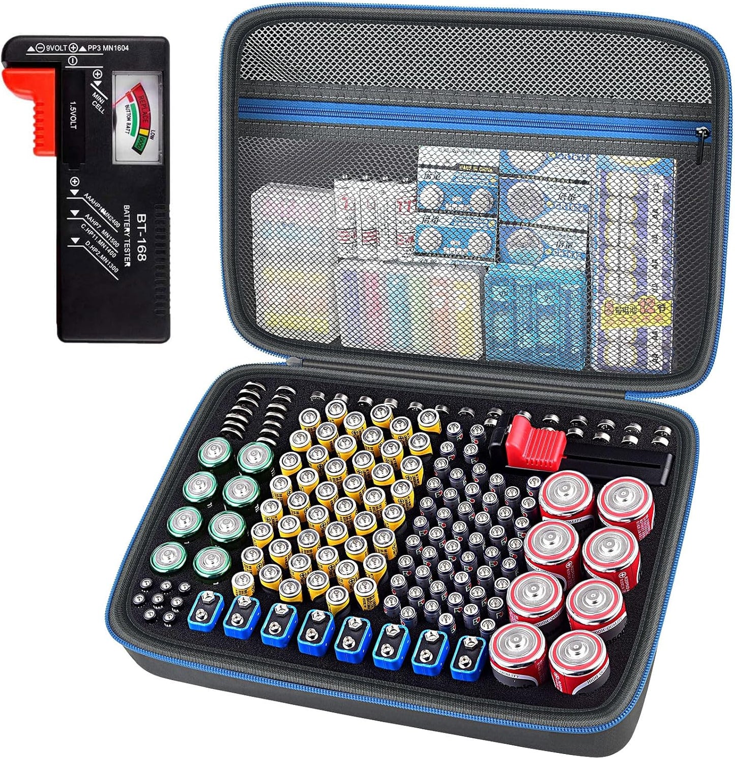 ALKOO 136+ Battery Organizer Storage Case with BT-168 Tester | AA AAA C D 9V & Button Cells Batteries Holder Box, Foam Protection, Home / Garage / Drawer Organization, Case Only, Red
