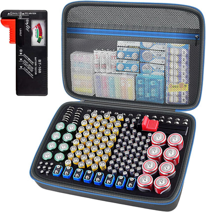 ALKOO 136+ Battery Organizer Storage Case with BT-168 Tester | AA AAA C D 9V & Button Cells Batteries Holder Box, Foam Protection, Home / Garage / Drawer Organization, Case Only, Red
