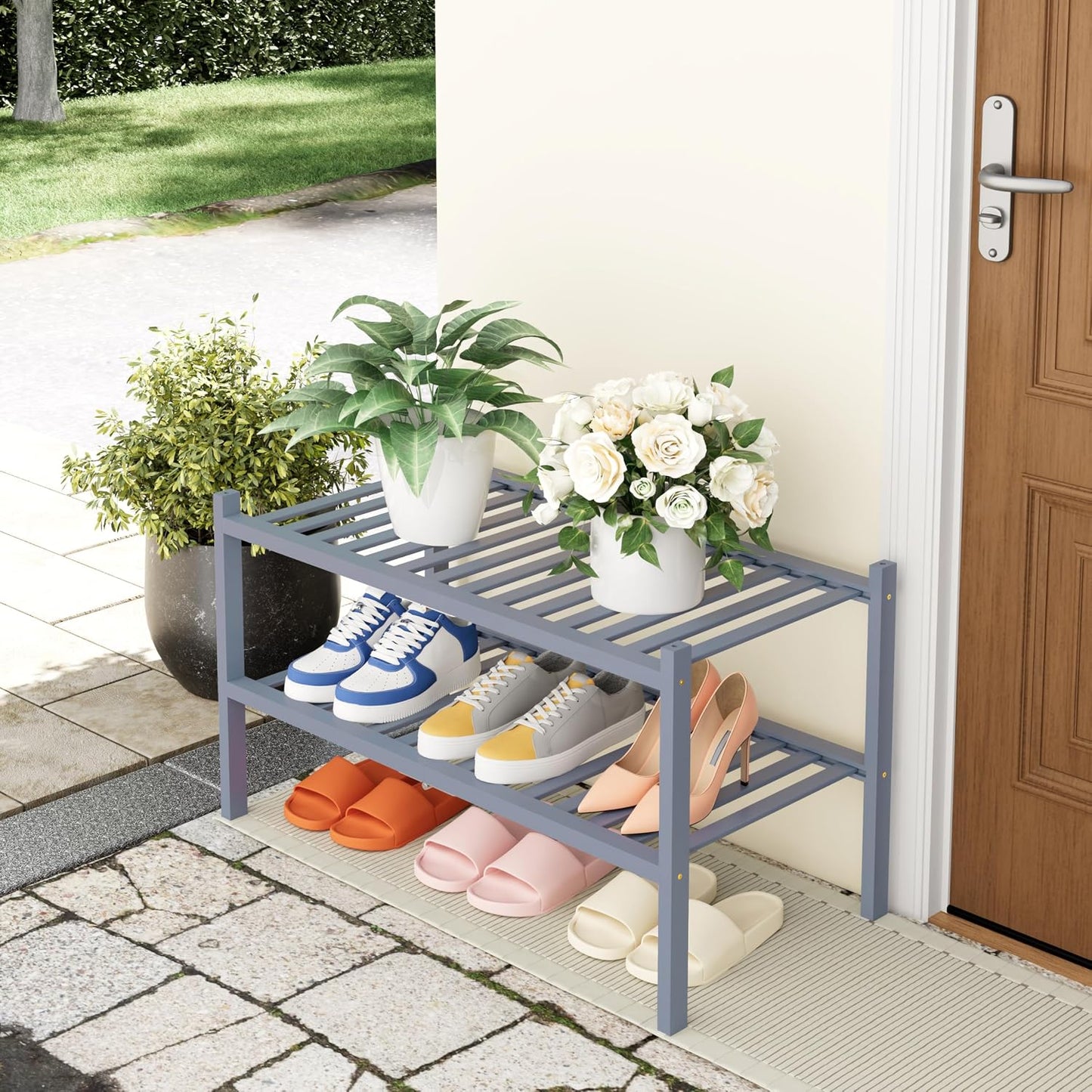 Smiry Bamboo Shoe Rack, 3 Tier Free Standing Wooden Shoe Organizer, Stackable Wood Shoe Storage Shelf for Closet, Entryway, 12 Vertical Slats, 2+1 Stack Standard Legs, 26.8"x11"x19.5", Natural