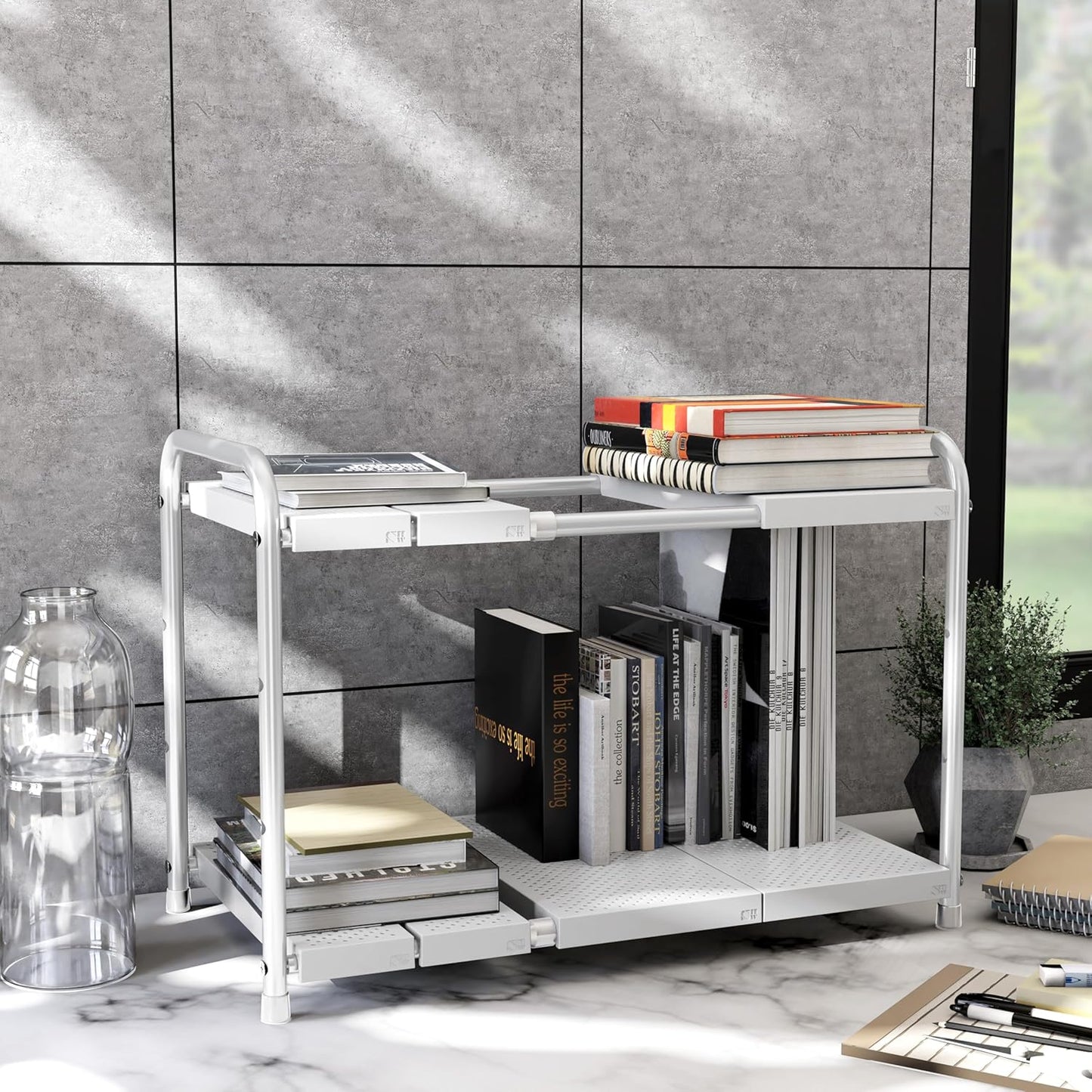 Simple Houseware Under Sink 2-Tier Heavy Duty Expandable Rack Organizer, Adjustable Width 15.75–25 Inches with 4 Shelf Height Levels, Silver