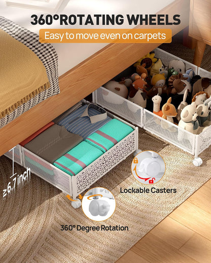 Under Bed Storage With Wheels, 2 Pack Foldable Pattern Carved Metal Under Bed Storage Containers, 60L Rolling Underbed Storage, Easy Assembly Under The Bed Storage for Shoes, Clothes, Blankets...