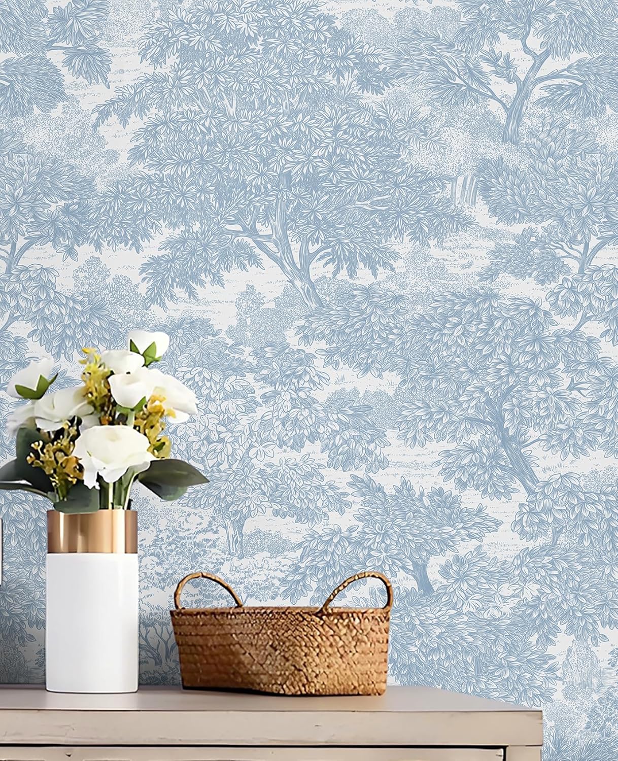 Safiyya Peel and Stick Wallpaper Beige Forest Contact Paper 17.3" x 118" Vintage Tree Wall Paper Renter Friendly Self Adhesive Removable Wallpaper for Bathroom Vinyl Off-White