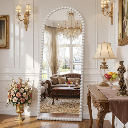Antok 58" x 21" Arched Full Length Mirror, Antique Beaded Frame Floor Standing or Wall Mounted Mirror with Stand for Bedroom, Entryway, Brown, Luxury Style
