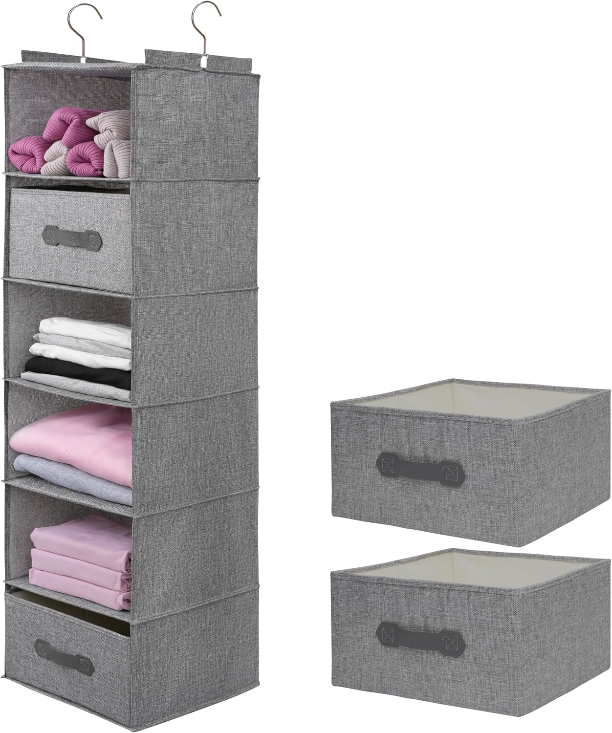Large Hanging Sweater Organizer for Closet,Collapsible 6-Shelf Hanging Closet Shelves with Drawers, Washable (Grey-6 Shelf)