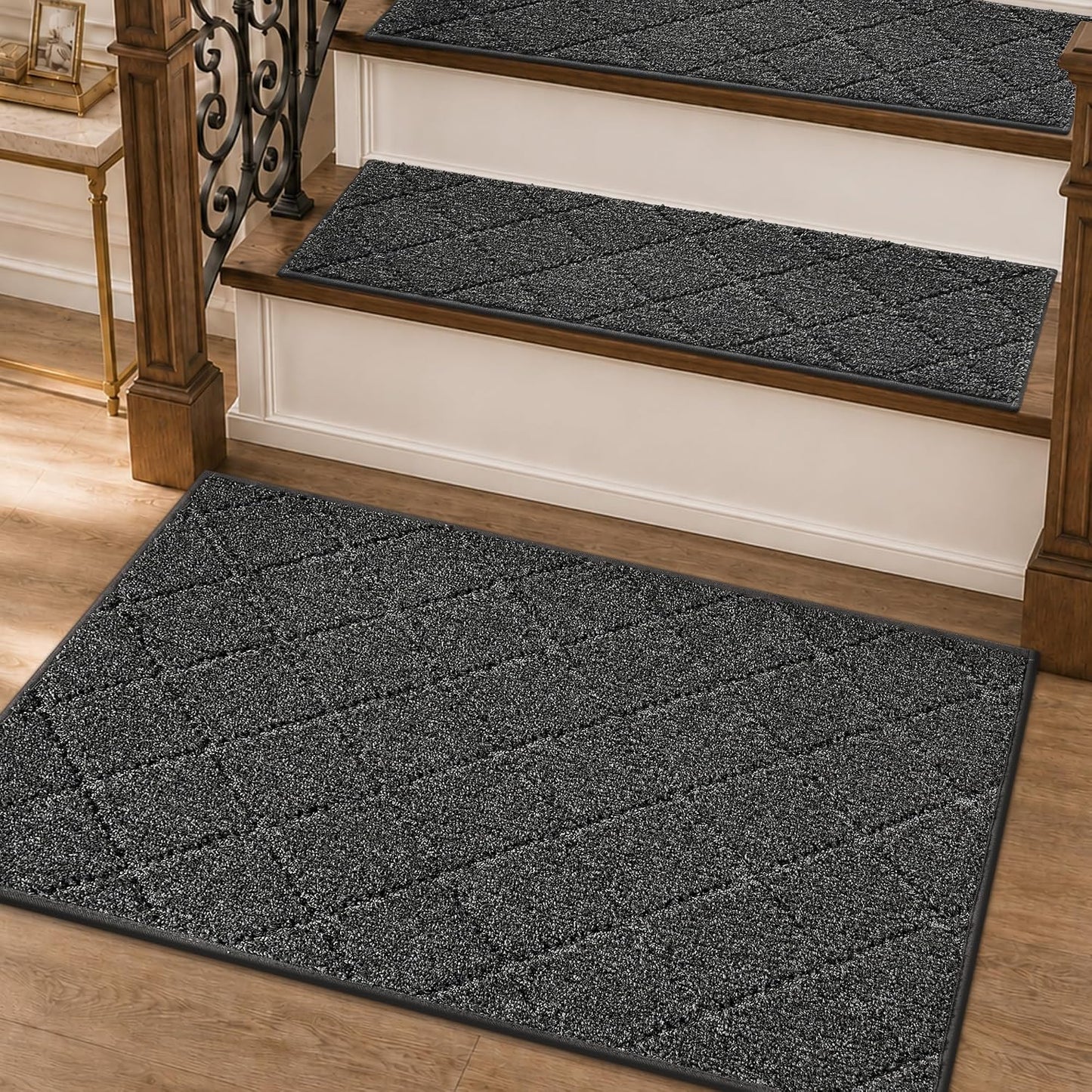 COSY HOMEER Edging Stair Treads Non-Slip Carpet Mat 28inX9in Indoor Stair Runners for Wooden Steps, Edging Stair Rugs for Kids and Dogs, 100% Polyester TPE Backing(4pc, Beige)