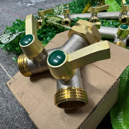 Garden Hose splitter, Heavy Duty Solid Brass Y splitter, Rust Resistant Two-Way Faucet splitter, Frost Resistant Outdoor Hose splitter，Brass Nickel，Extended Metal Handle Valve