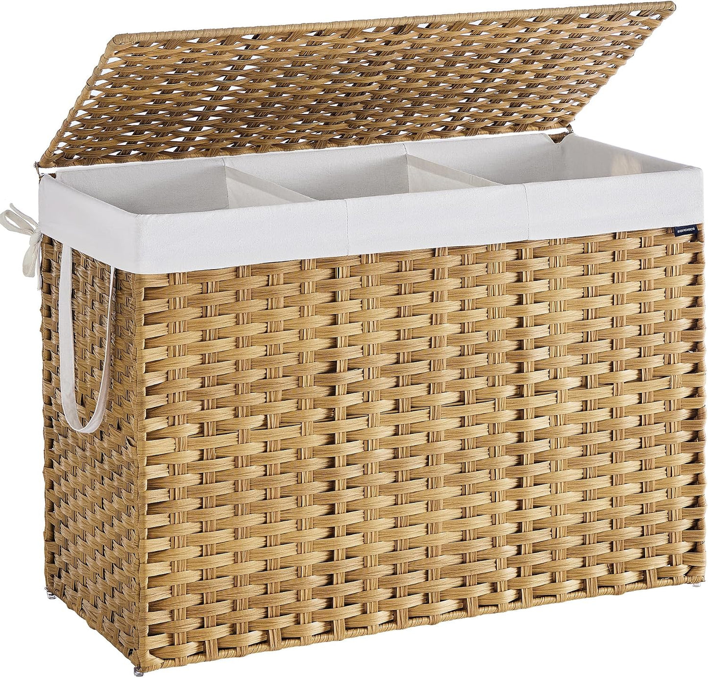 SONGMICS Laundry Hamper with Lid, 23.8 Gallon (90 L) Synthetic Rattan Clothes Laundry Basket with Lid and Handles, Foldable, Removable Liner, Chestnut Brown ULCB051K02