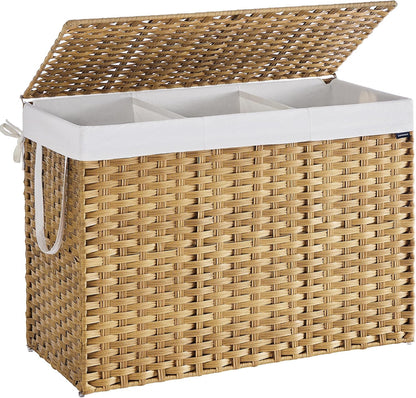 SONGMICS Laundry Hamper with Lid, 23.8 Gallon (90 L) Synthetic Rattan Clothes Laundry Basket with Lid and Handles, Foldable, Removable Liner, Chestnut Brown ULCB051K02