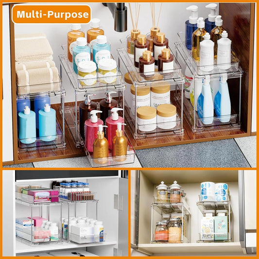 Yieach 4 Pack Under Sink Organizers and Storage,Clear Acrylic Bathroom Organizer and Cabinet Organization for Makeup,Medicine,Two Tier Pull Out Cabinet Organizer Drawers for Pantry,Vanity Storage Bins